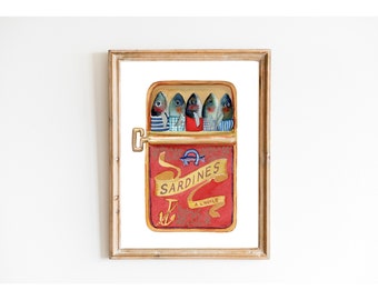 Tinned Sardines Watercolor Painting, New Home Gift, Kitchen Poster, Sardine Tin Art, Vintage Foodie Gift, Dad Gift Sardines, Trendy Kitchen
