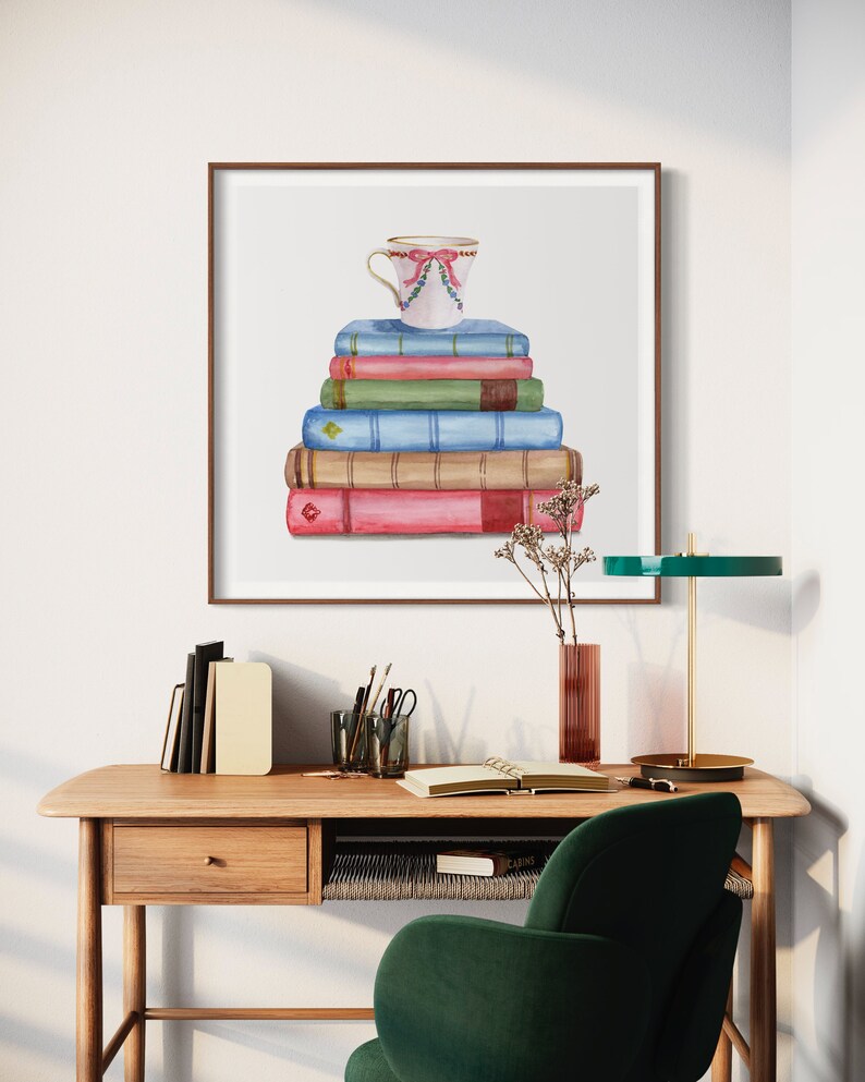 Vintage Book Art Print, Watercolor Painting Poster, Vintage Book Art, Watercolor Book Art, Home Office Wall Art, Stack Of Books, Library Art image 7