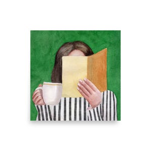 Woman Reading Emerald Green Art Print, Modern Reading Woman Art, Abstract Woman Portrait, Contemporary Style Wall Art, Watercolor Painting