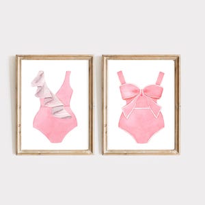 Pink Painted Swimsuit, Set Of 2, Vintage Swimsuit, Beach Decor, Lake Home Decor, Bathroom Wall Art, Beach Gifts Ideas, Gift For Her