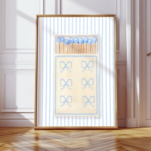 Blue Matchbox Poster, Watercolor Painting, Bow Print, Trendy Matchbox, Bar Cart Decor, Pastel Wall Art, Match Print Cool, Girly Wall Art