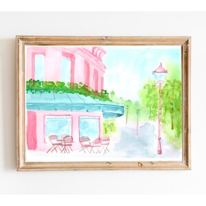 Pink Blue French Street Painting, French Watercolor, Pastel Pink Wall Art, Pink House Painting, Cityscape Watercolor, Gift For Her, Pink Art