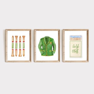 Set di 3 stampe da golf, arte ad acquerello del golf, stampa di tee da golf, giacca da maestro, arte vintage del golfista, regalo da golf per uomo, arte per vivai da golf