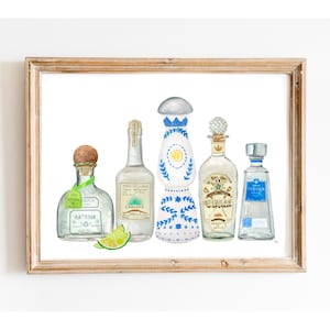 Tequila Bottles Watercolor Painting, Tequila Illustration, Bar Cart Art, Tequila Gift, Alcohol Bottles Art, Trendy Art, Bar Cart Print