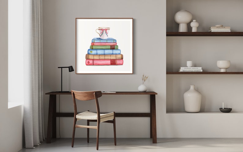 Vintage Book Art Print, Watercolor Painting Poster, Vintage Book Art, Watercolor Book Art, Home Office Wall Art, Stack Of Books, Library Art image 5
