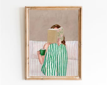 Minimalist Woman Reading Book Wall Art, Watercolor Painting, Modern Abstract People Art, Contemporary Print for Book Lovers