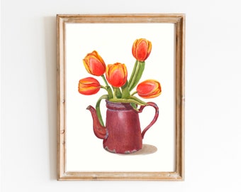 Tulip Painting Watercolor Vintage Still Life Painting Tea Lovers Watercolor Print Floral Tulip Wall Art Farmhouse Painting Red Floral Art  t