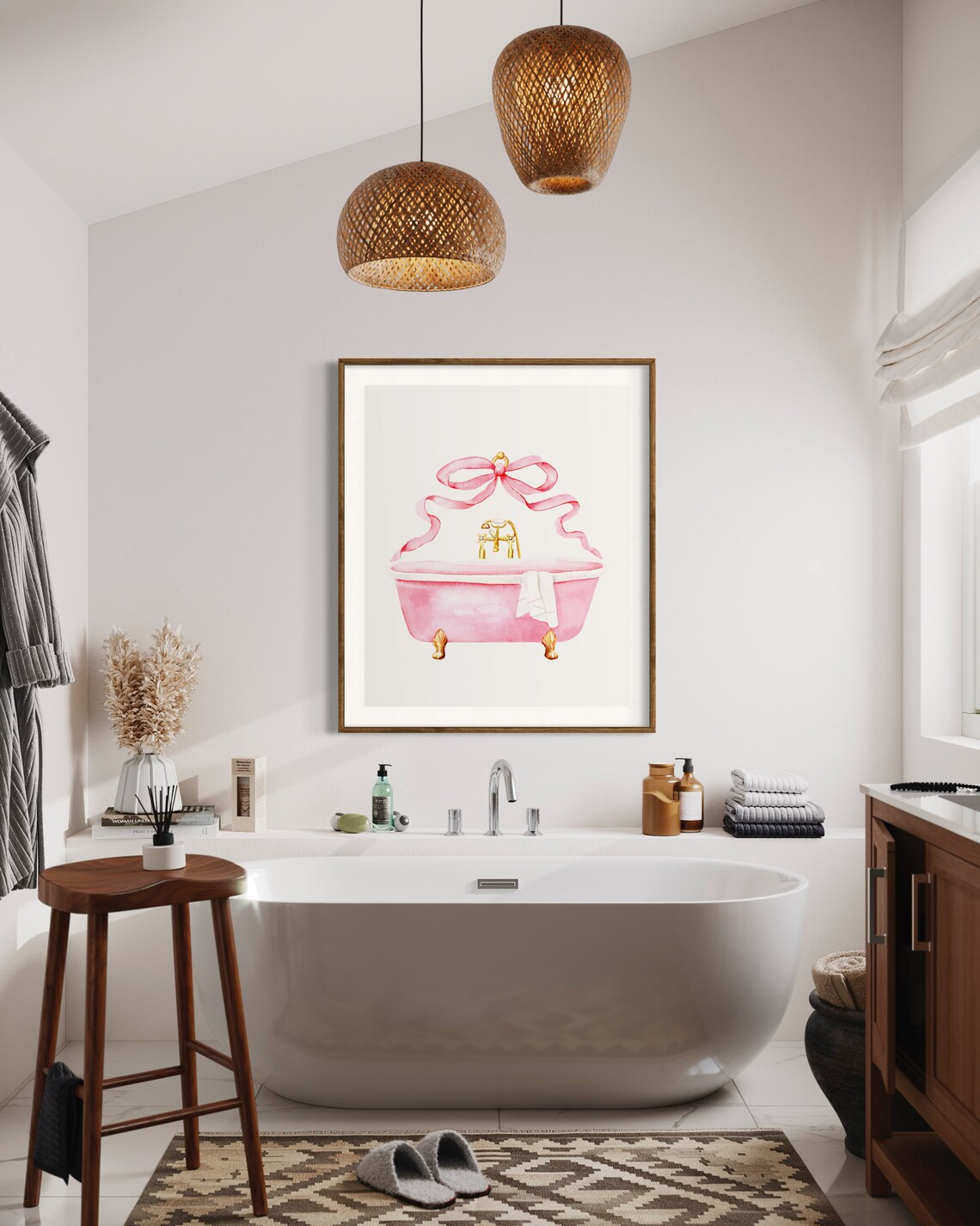 Pink Bathroom Vintage Bow Art Print, Watercolor Painting, Retro ...