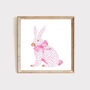 Pink Rabbit Nursery Watercolor Print, Chinoiserie Bow Art, Vintage Painting, Coquette Art, Bunny Painting, Pink Bow, Cottage Core Nursery
