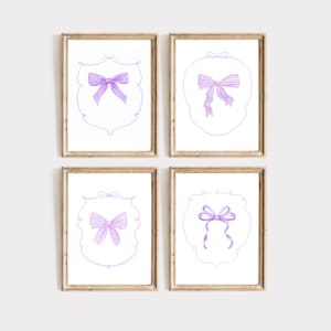 Fiocco lavanda, set di 4 stampe di acquerelli, fiocco pastello Coquette, stampa fiocco viola, arte alla moda lavanda, regalo per ragazze, arte preppy