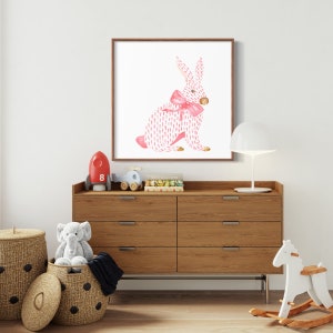 Pink Rabbit and Bow Painting, Watercolor Bunny Print, Pink Bow Art, Chinoiserie Wall Art, Nursery Wall Print, Girls Room Decor, Asian Print image 6