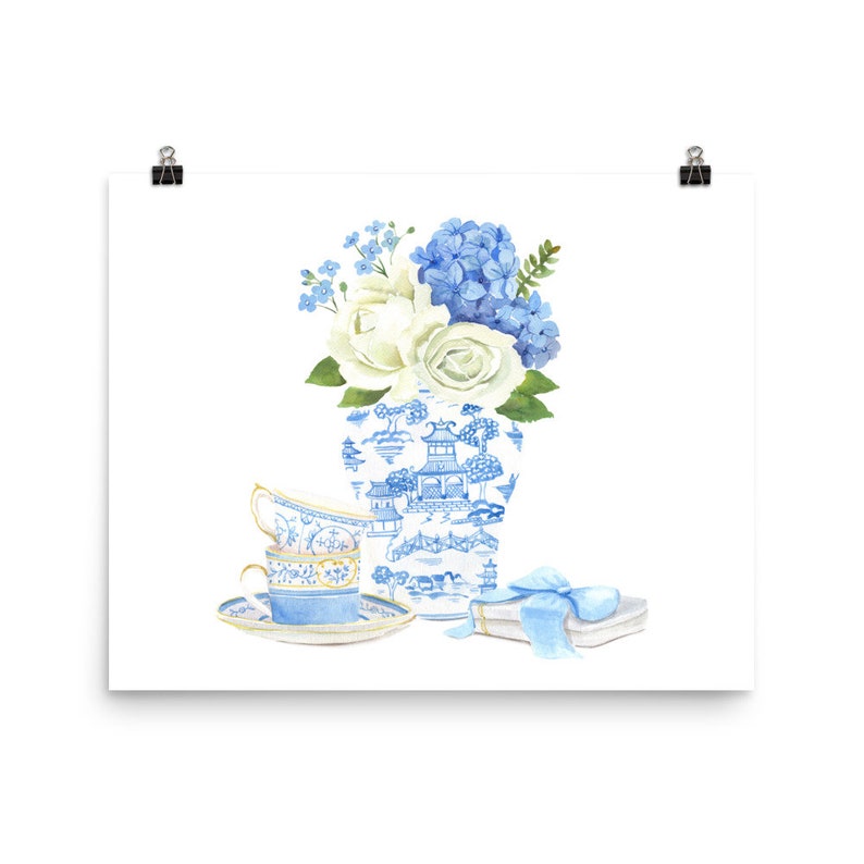 Blue Hydrangea Chinoiserie Ginger Jar Print,Blue And White, French Theme, Ginger Jar Art, Chinoiserie Wall Art Print, Tea Cups Painting