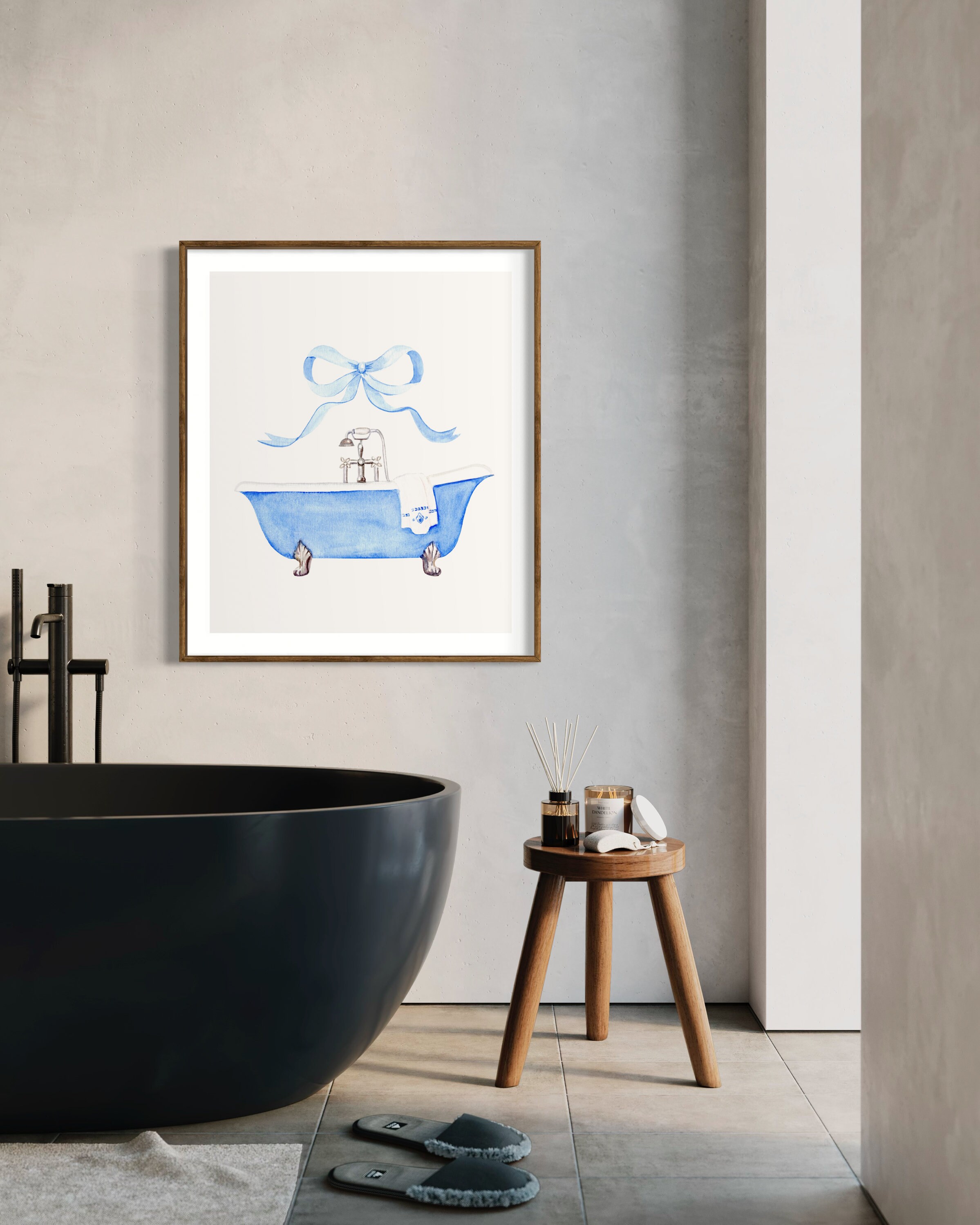 Blue Bathroom Vintage Bow Watercolor Art Print, Blue Bathtub, Gift for ...
