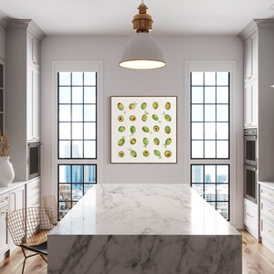May include: A modern kitchen with a marble island and a framed print of green olives. The print hangs above the island, and a white pendant light hangs from the ceiling. Two windows offer a view of a cityscape.