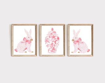 Pink Chinoiserie Set of 3 Art Prints, Watercolor Painting, Asian Vase Art, Rabbit Painting, Pink Bow Art, Ginger Jar, Chinoiserie Set Print