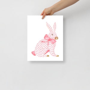 Pink Rabbit and Bow Painting, Watercolor Bunny Print, Pink Bow Art, Chinoiserie Wall Art, Nursery  Wall Print, Girls Room Decor