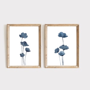 Art mural fleurs aquarelle bleu, impressions abstraites Art mural bleu marine, impression d'art mural botanique botanique bleu marine et blanc indigo, lot de 2 impressions d'art