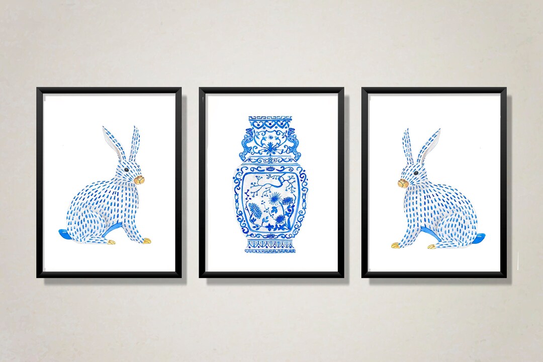 Blue and White Ginger Jar Vase Set of 3 Watercolor Rabbit Etsy