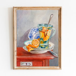 Zitrone Stillleben, Aquarell Malerei, Gelbe Zitrone Kunst, Vintage Malerei, Sommer Stillleben, Obst Kunst, Vintage Print, Küchen Wandkunst