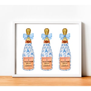 Champagne With Bow, Chinoiserie Blue Bottle, Watercolor Painting, Grandmillenial Style, Cocktail Decor, Maximalist Wall Art,Watercolor Print