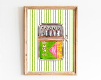 Sardine Tin Watercolor Poster | Retro Kitchen Print | Unique Foodie Gift
