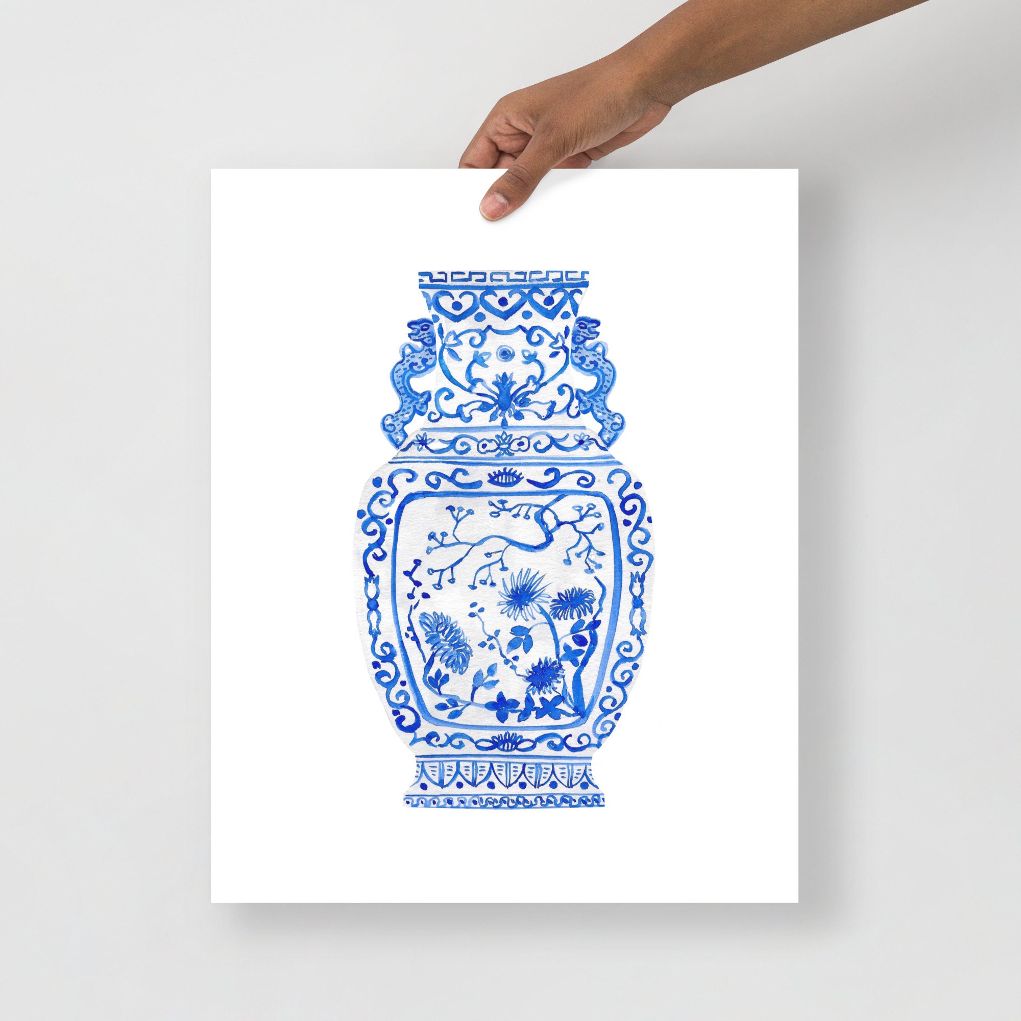 Blue and White Ginger Jar Vase Set of 3 Watercolor Rabbit Etsy