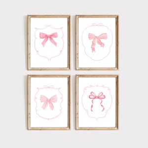 Pink Bow Set Of 4 Watercolor Painting Art Prints, Nursery Decor, Girls Room Print, Baby Bow Art, Watercolor Bow Art, Girls Birthday Gift