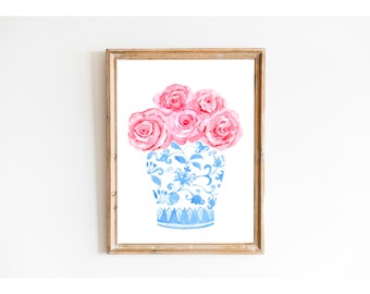 Blue Chinoiserie Vase Pink Rose Print, Watercolor Painting, Porcelain Giclee, Ginger Jar, Hampton Style Decor, Gift For Her, Blue And White