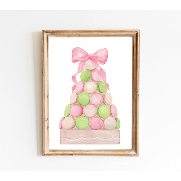 Impression noeud macaron rose, aquarelle, rose et menthe, tableau boulangerie, petit gâteau boulangerie rose, cadeau pour elle, aquarelle dessert, noeud rose