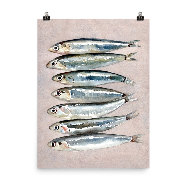 Sardines Wall Art, Watercolor Sardines, Sardine Art Poster, Fish Still Life, Gift Sardines, Gift For Kitchen, Trendy Wall Art, Fish Print