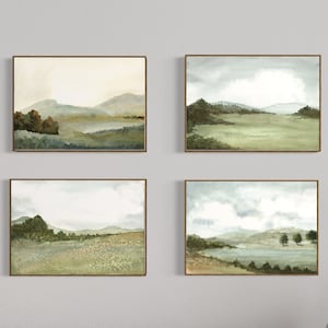 風景画セット 4枚セット 水彩画アートプリント、ニュートラルマウンテン、ウォールアートセット、ホームオフィスポスター、ベッド上の壁装飾、ヴィンテージプリントセット
