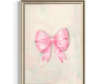 Pink Bow Painting, Coquette Bow Art, Bow Artwork, Trendy Bows Poster, Vintage Bow Wall Art, Watercolor Bow, Gift For Her
