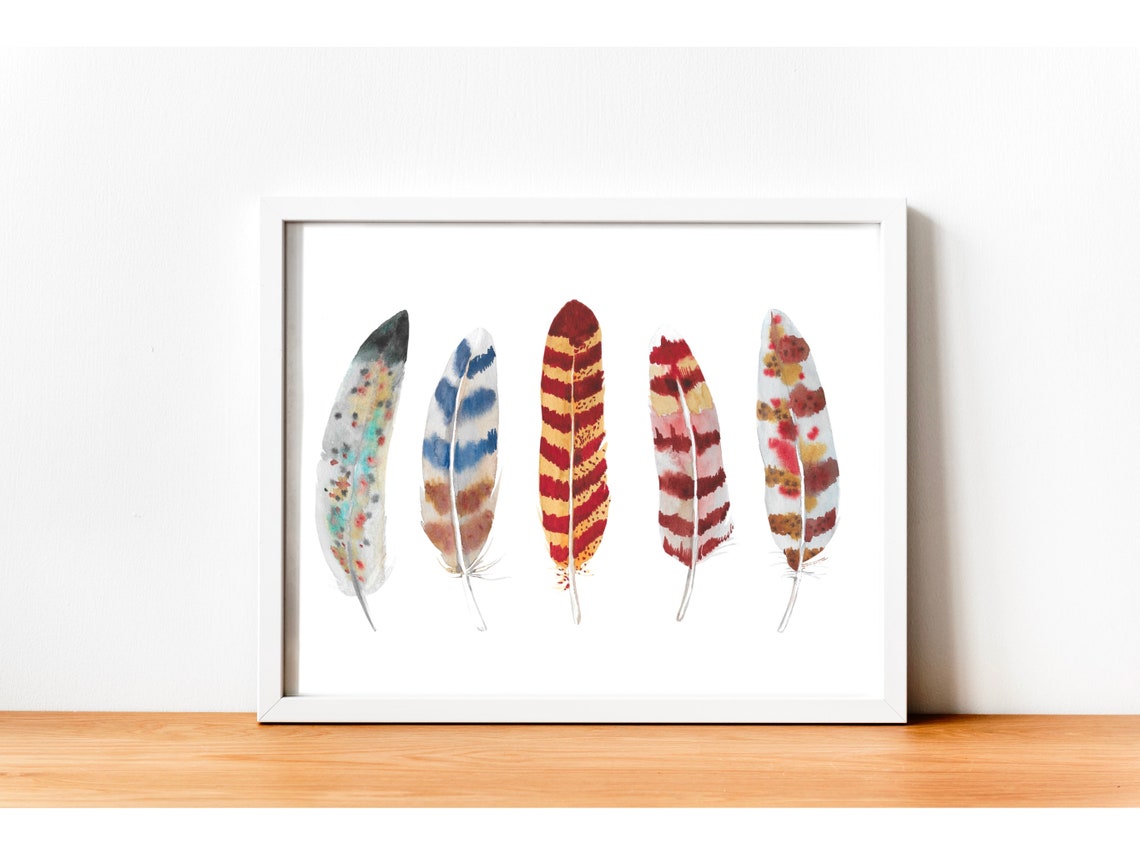 Colorful Feather Watercolor Painting Wall Art Decor Bohemian Etsy