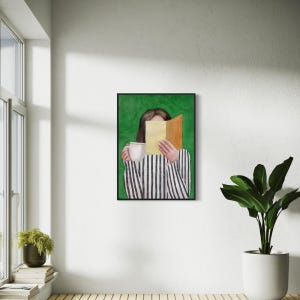 May include: A watercolor painting of a person holding a book and a cup of coffee. The person is wearing a striped shirt and has brown hair. The background is a green color.