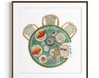 French Cafe Watercolor Art Print Paris Breakfast Illustration Wall Decor
