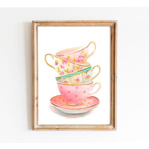Tazze da tè, stampa artistica ad acquerello, pila di tazze rosa, poster da cucina vintage, decorazioni per la casa con tema "Tè"