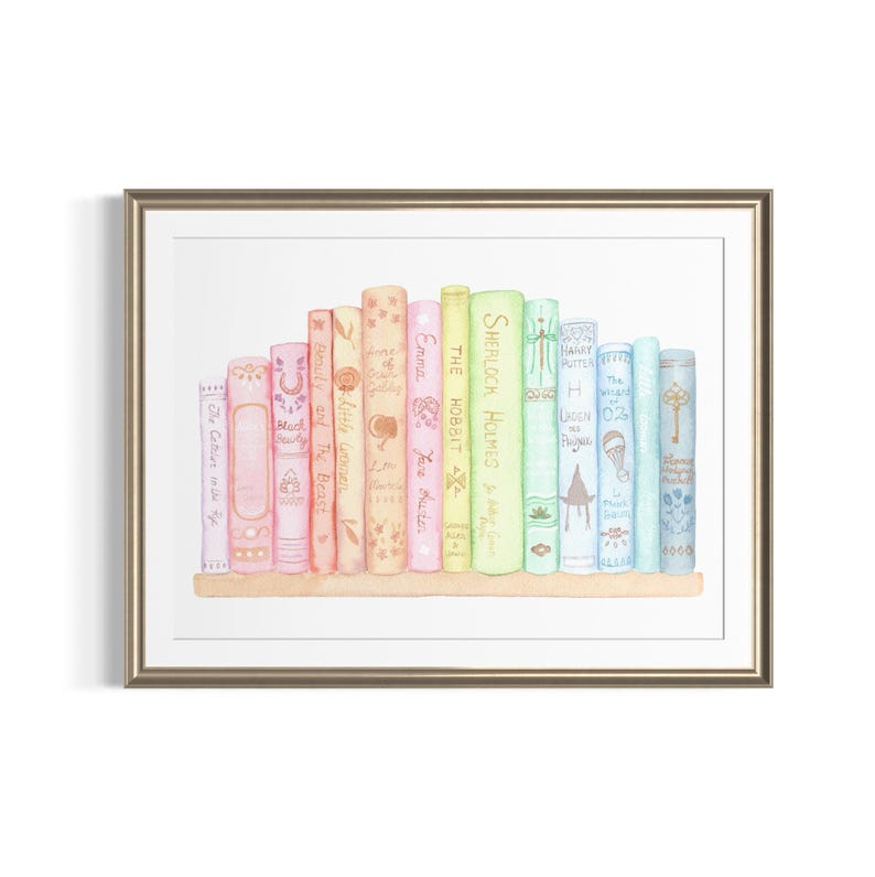 May include: Watercolour print of a bookshelf with colourful books. The books are arranged on a light brown shelf and are in a gold frame. The titles include "Emma", "The Hobbit", and "Sherlock Holmes".
