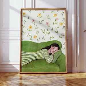 May include: A watercolor painting of a person sleeping on a green couch with a floral pattern behind them.