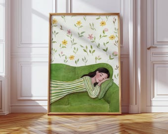 Emerald Green Sleeping Woman, Female Wall Art, Abstract People Art Painting, Feminine Home Decor, Art For Bedroom, Eclectic Print