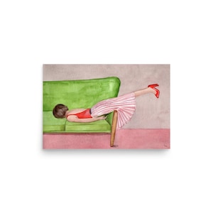 Woman Resting On Sofa, Watercolor Painting, Girls Bedroom Decor, Relaxation Art, Sleep Wall Art