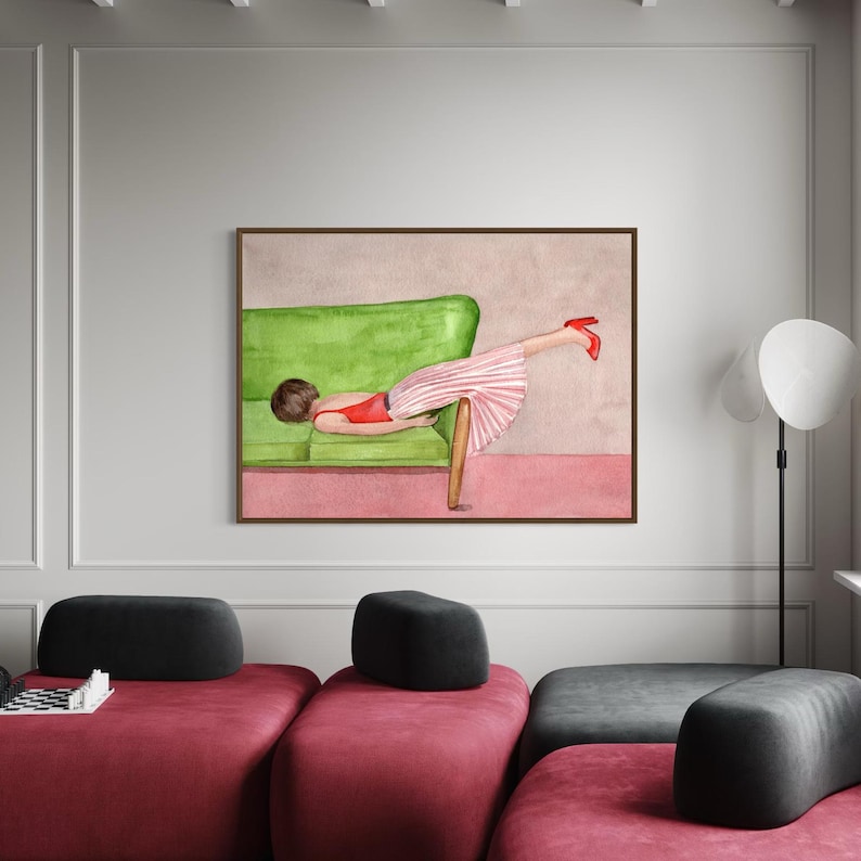 May include: Watercolor painting of a person lying on a green sofa, wearing a red top and a pink and white striped skirt. The person is wearing red heels. The background is a pink and beige wall.