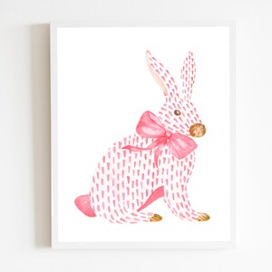 Pink Rabbit and Bow Painting, Watercolor Bunny Print, Pink Bow Art, Chinoiserie Wall Art, Nursery Wall Print, Girls Room Decor, Asian Print image 4