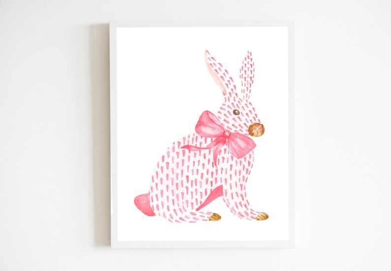 Pink Rabbit and Bow Painting, Watercolor Bunny Print, Pink Bow Art, Chinoiserie Wall Art, Nursery Wall Print, Girls Room Decor, Asian Print image 4