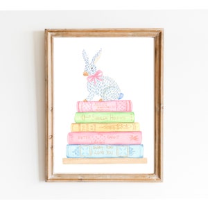 Impresión de pintura de acuarela de libro y conejo, regalo para amantes de los libros, libro para niños, decoración para amantes de los libros, pila de libros, impresión artística de lindos conejitos bebés