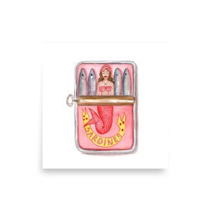 Mermaids Sardine Print, Watercolor Painting, Kitchen Wall Art, Tin Print, Retro Food Art, Funny Sardine Can,