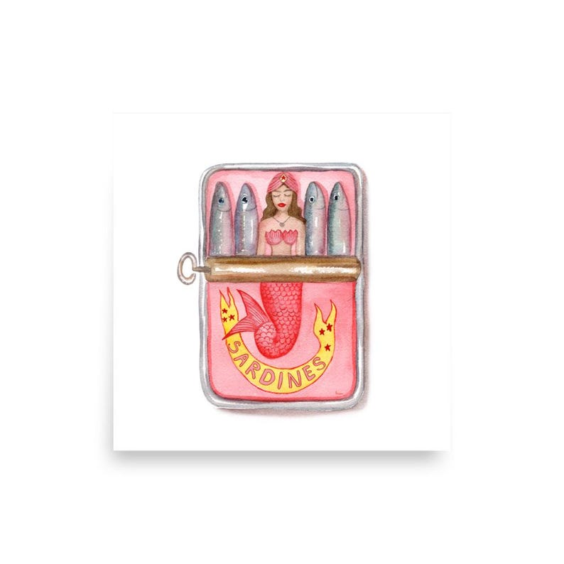 Mermaids Sardine Print, Watercolor Painting, Kitchen Wall Art, Tin Print, Retro Food Art, Funny Sardine Can,