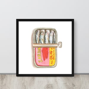 Stampa incorniciata di sardine, stampa di pesce in scatola, arredamento da cucina, arte culinaria vintage, regalo per buongustai, arte da cucina alla moda, arte colorata e luminosa