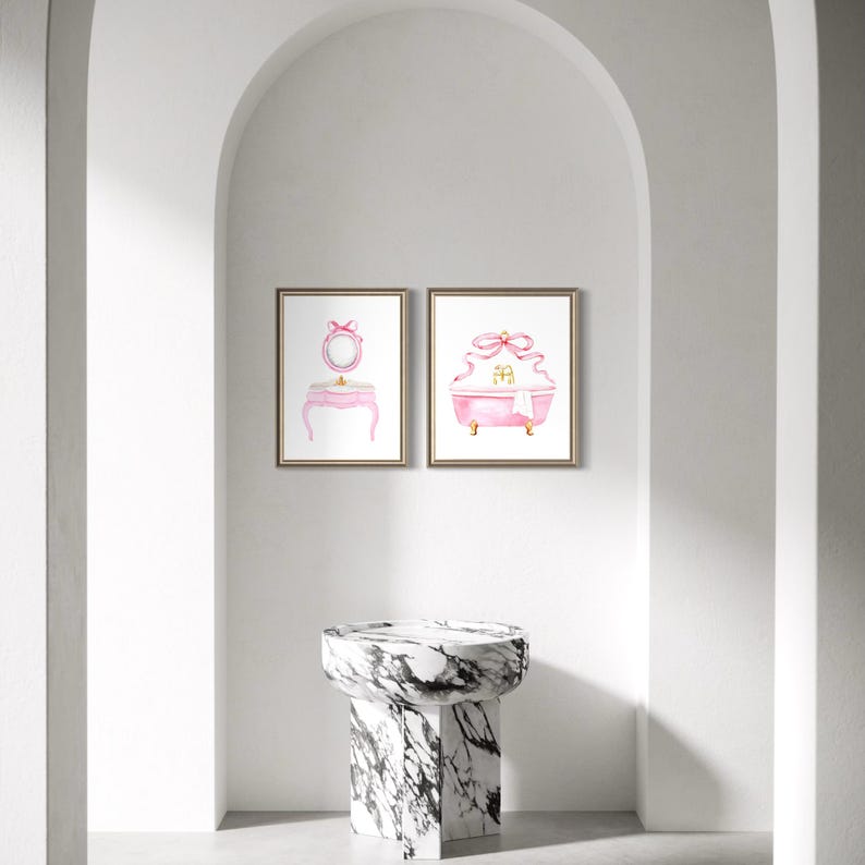 Pink Bow Wall Art Set of 2 – Vintage Watercolor Prints for Girls Bathroom Decor image 12