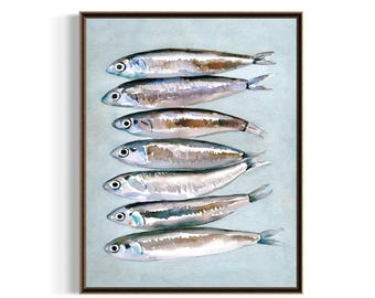 Watercolor Sardines Print – Fish Still Life Art, Coastal Kitchen Decor, Seafood Wall Art
