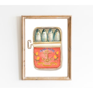 Tinned Sardines Watercolor Painting Print, Gift Sardines, Fish Still Life, Tin Fish Art, Trendy Wall Art, Vintage Foodie Gift, New Home Gift